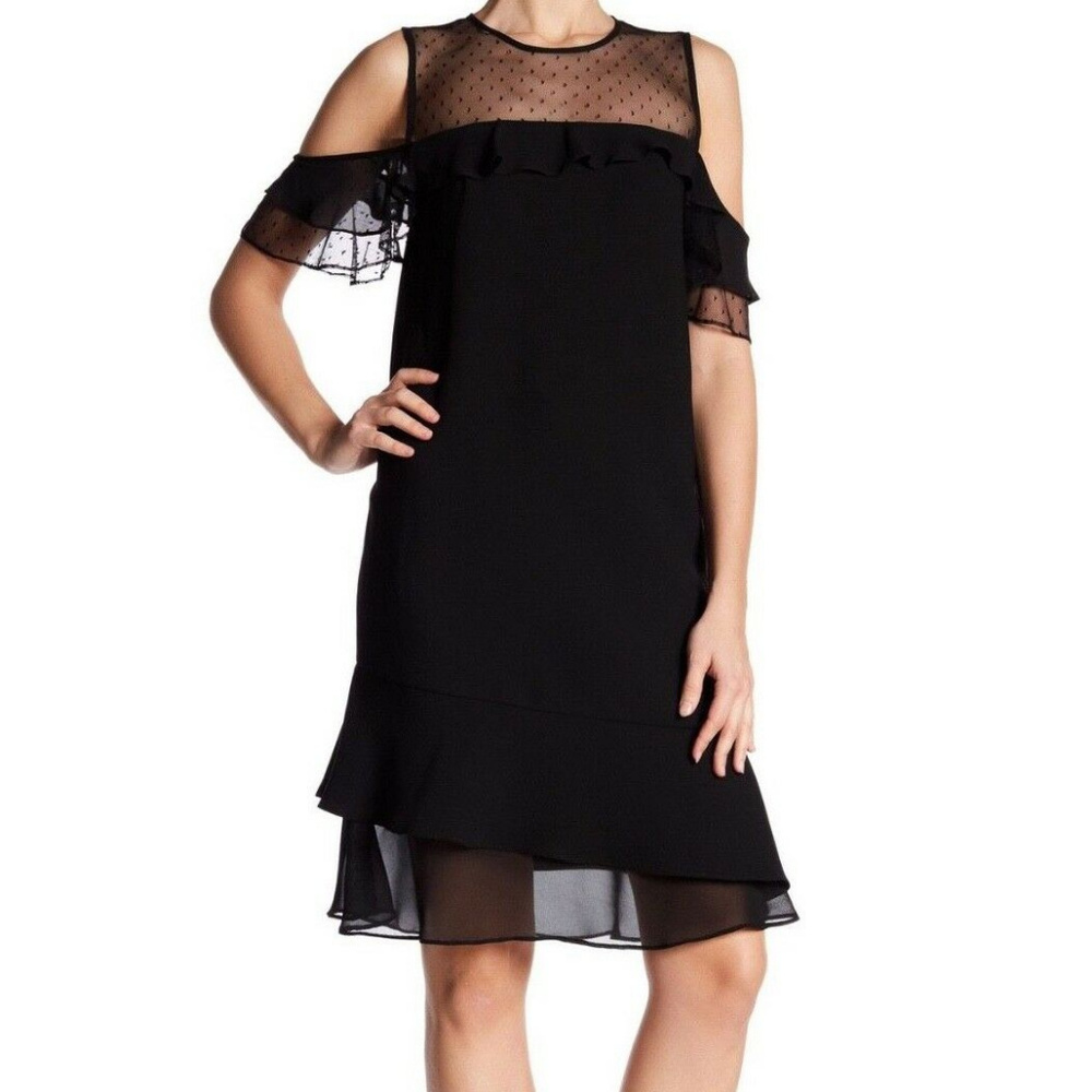 Nanette Cold Shoulder Swiss Dot Mesh Ruffle Dress